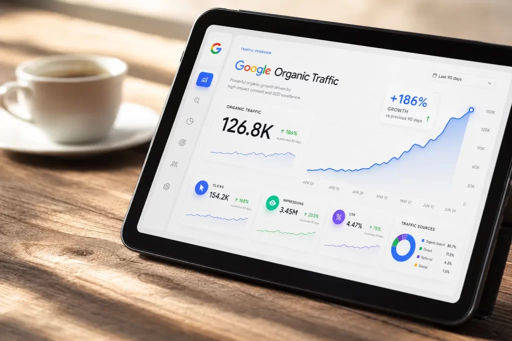 SEO implementation strategy with competitor analysis content planning and backlink building.